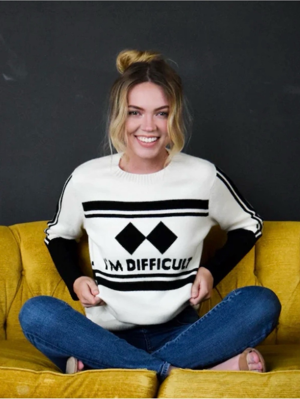 Never A Wallflower Cream & Black Graphic Knit Sweater - 'I'm Difficult'